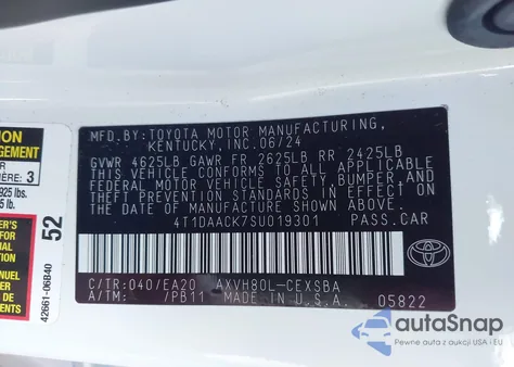 2025 Toyota Camry Se z USA, uszkodzony, nr VIN 4T1DAACK7SU019301